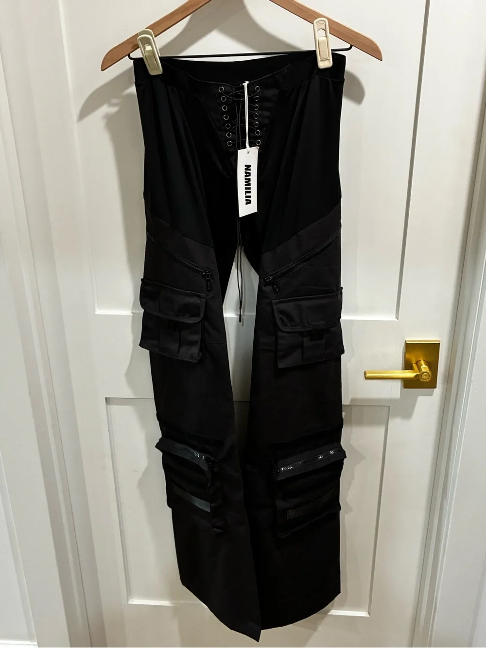 NWT Namilia Techno Stretch Cargo Pants Lace Up Front Multi Pocket Black Large